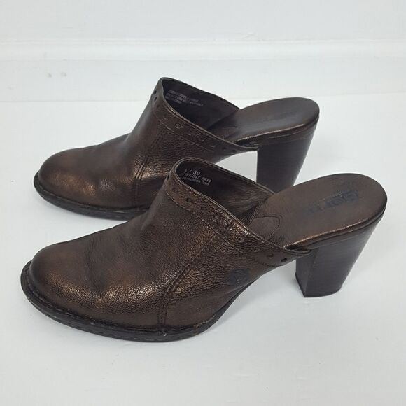 BORN Leather Clogs Heels Boots Slides Size 8 Brown High Heels - Picture 7 of 7